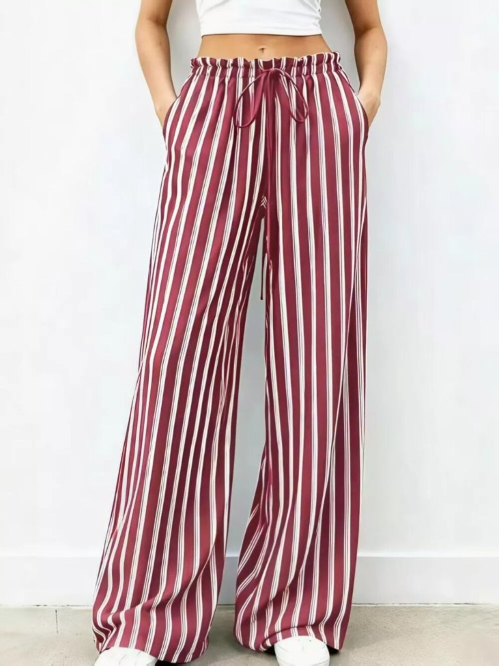 Striped Wide-Leg Drawstring Pants - Picture 7 of 9